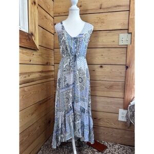 Papillon Blue White Paisley Patchwork Maxi Dress Sleeveless Drawstring Waist S
